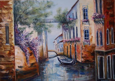 Oil painting with a picture of a street in Venice, with boats and houses. Italy.