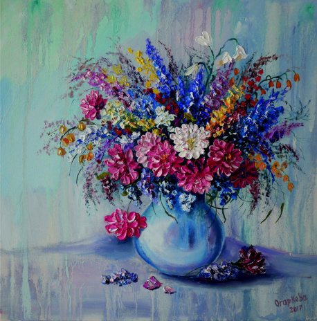 Still life with pink and blue flowers in a light vase